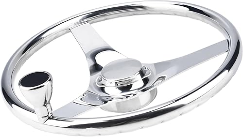 Miniatura 6 de YaeMarine Volante de barco marino de acero inoxidable de 13-12 pulgadas de diámetro con 3 radios para volante deportivo con perilla de control y tapa