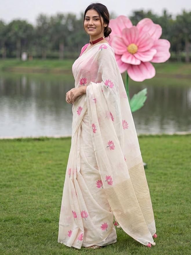 Image of Women's Linen Cotton Blend Saree Multicolor Ikat Brush Print Scalloped Border with Floral Print Unstitched Blouse Piece