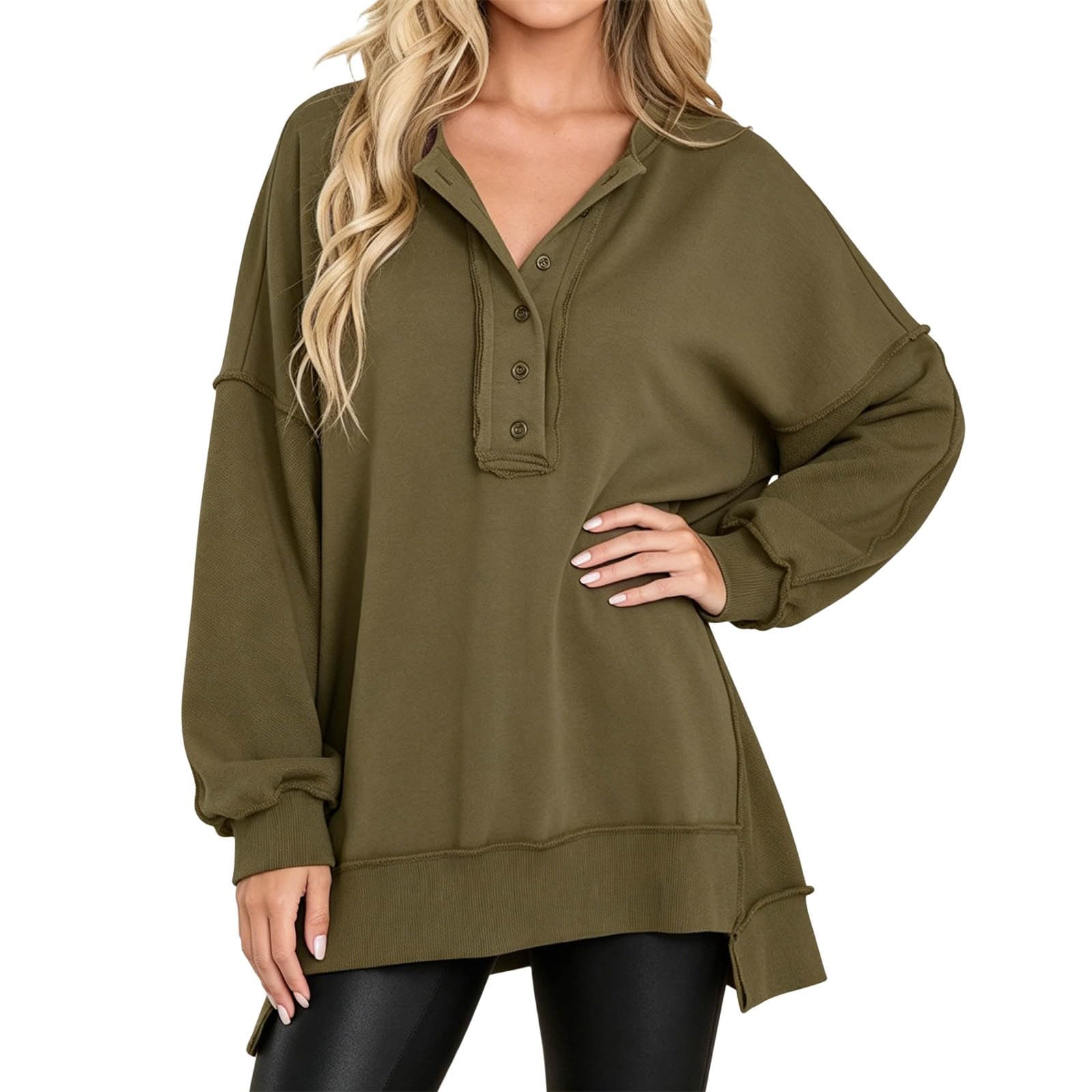 Sudadera con Capucha de Manga Larga, Corte Holgado, Color Liso, Cuello y Cierre de Botones para Mujer, Bolsillos Laterales, cómoda para el día a día y el Fin de Semana, única