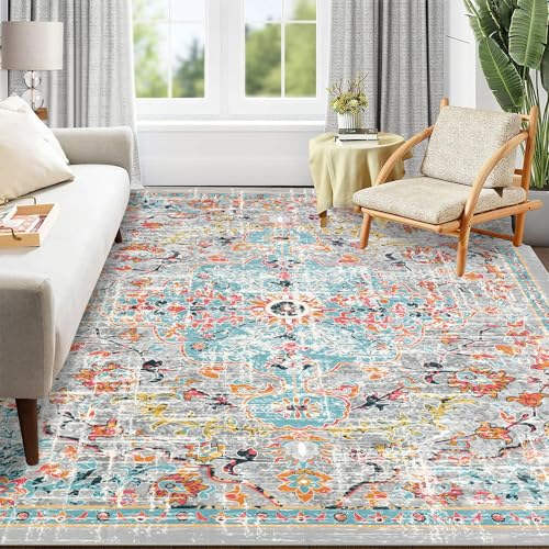 Pauwer Area Rugs 8x10 Clearance, Large Area Rug for Living Room, Machine Washable Area Rugs for Bedroom, Boho Farmhouse Vintage Floral Rugs, Non Slip Low Pile Accent Rug Floor Mat Carpet