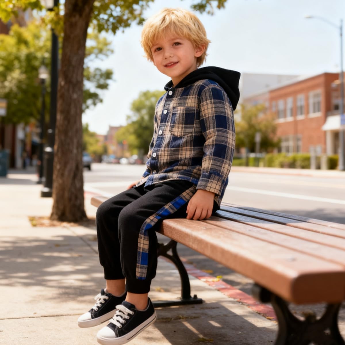 OLMRJKD Toddler Baby Boy Clothes Plaid Long Sleeve Hoodie Sweatshirt + Pants 2pcs Boys Outfit Set