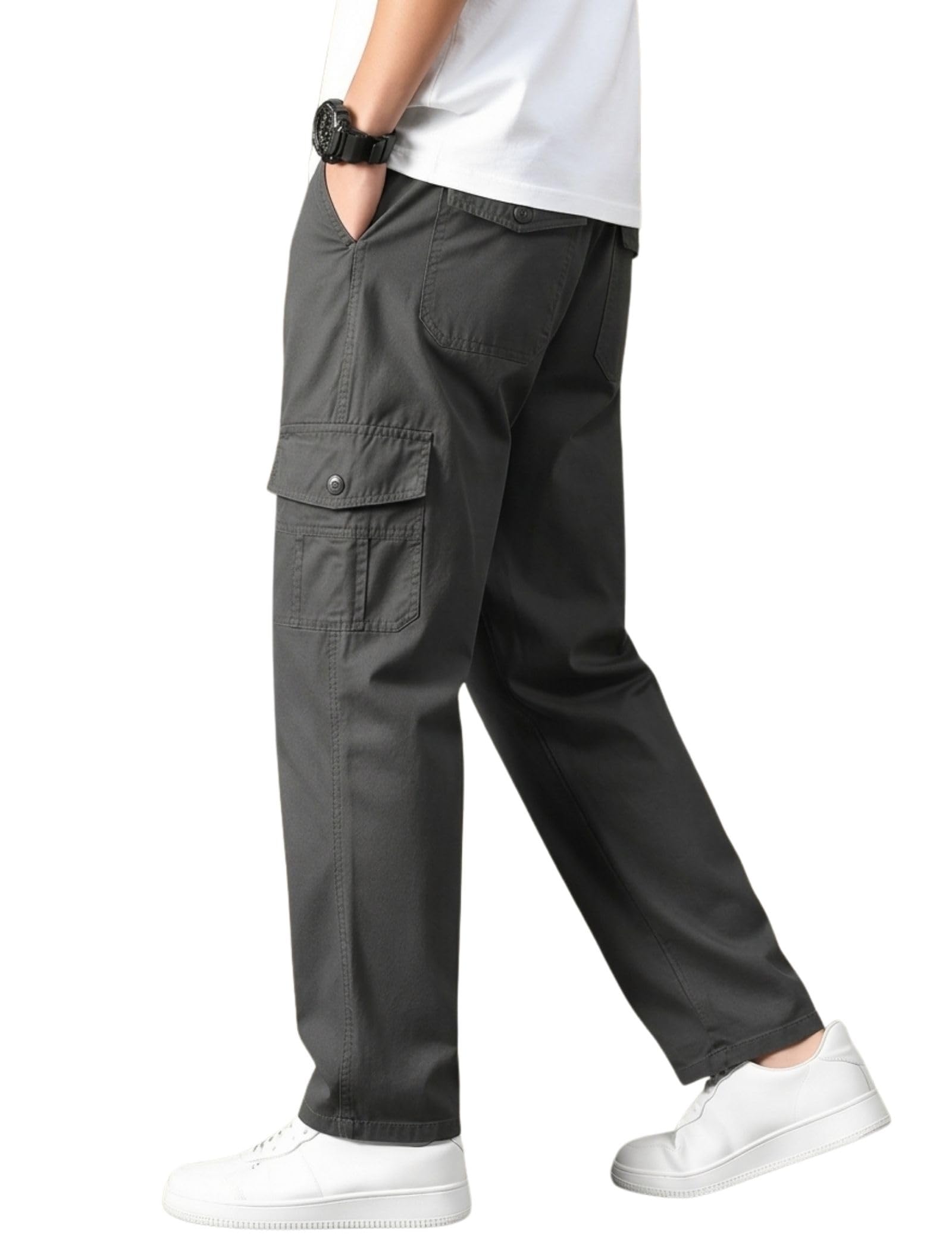 Men’s Cargo Trousers-100% Premium Cotton Regular Fit Lightweight Breathable Elastic Waist Multi-Pocket Casual Utility Pants-image-42