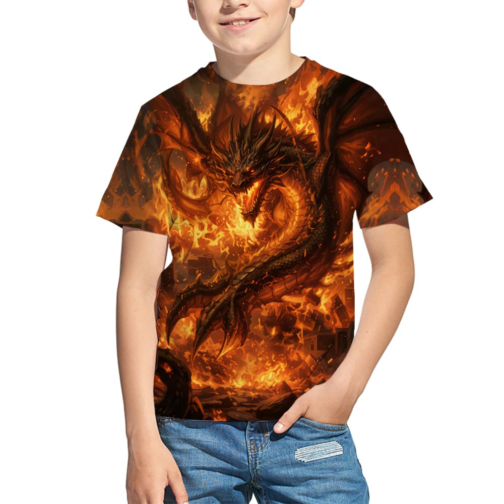 Kids 3D Print Graphic Tees Funny Fire Dragon Short Sleeve T Shirts for Youth Boys Girls 4-14 Years