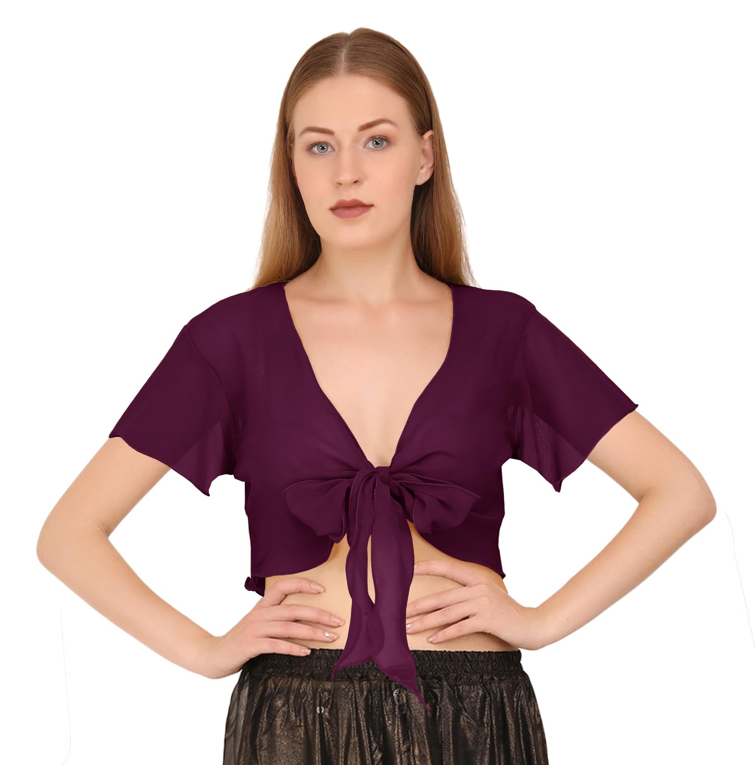 Indian Trendy Women's Chiffon Short Sleeve Tie Top Choli Blouse Belly Dance Gypsy Tie Front Cardigan Tops