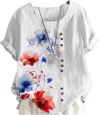 domirica Summer Tops for Women 2024 Flower Print Cotton Linen Short Sleeve Crew Neck Casual Fashio Shirts