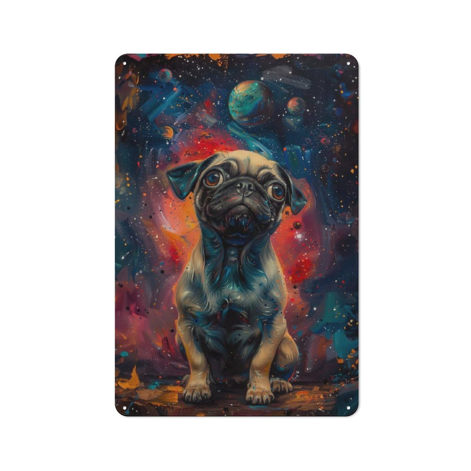 Junmoney Galaxy Pug Oil Painting Printed Metal Sign 30X20cm For Living Room Or Hallway, A Decorative Christmas Gift For Living Room Decor Lovers