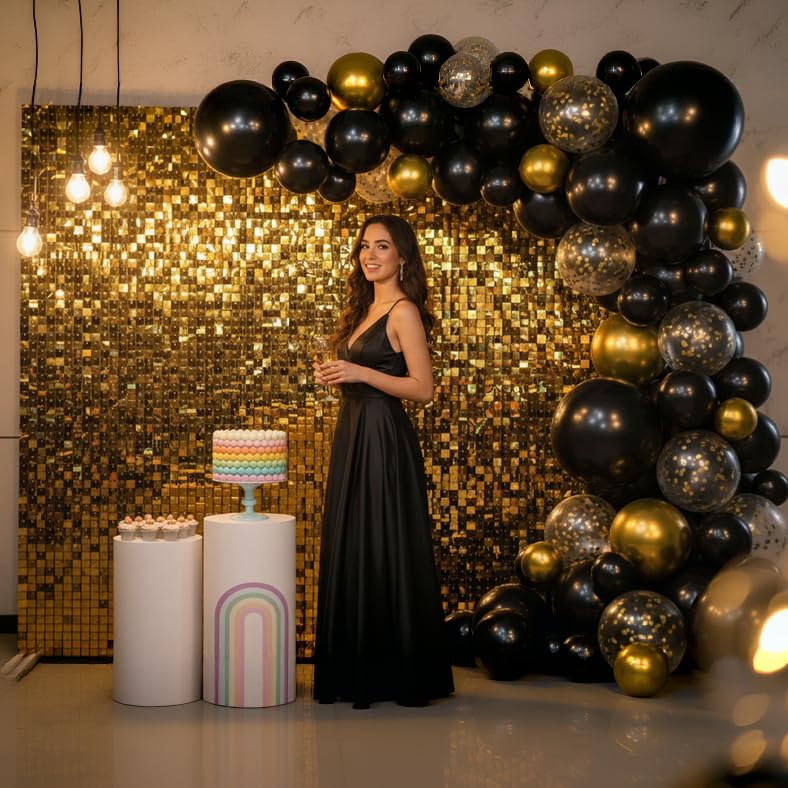 Image of Gold Shimmer Wall Backdrop 48 Panels Cover 8 x 6 Ft, Photo Backdrops for Wedding,Anniversary,Birthday,Party Decoration