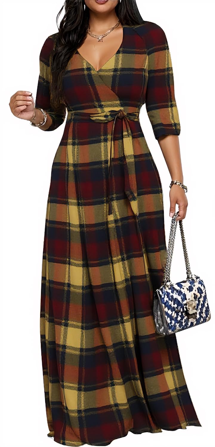 Women's Church Maxi Wrap V Neck 3/4 Sleeve Tie Waist Plus Size Long Dress