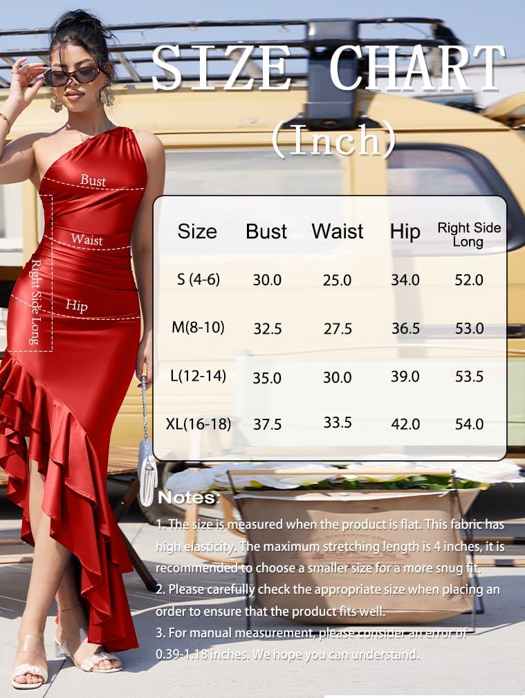 LAGSHIAN Women's Elegant One Shoulder Ruched Asymmetric Ruffle Satin Cocktail Party Maxi Dress - Image 6