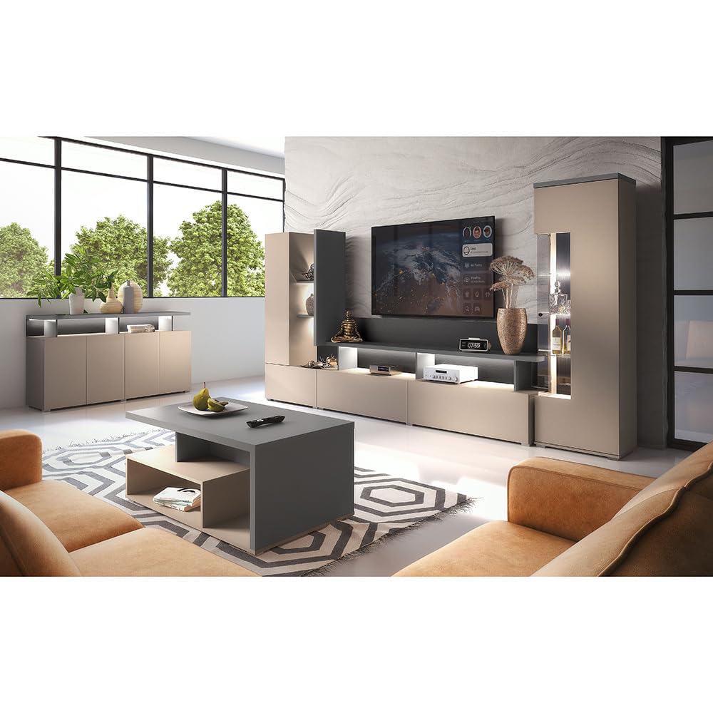Lomadox Wohnzimmer Set 4-teilig in beige mit anthrazit mit LED Beleuchtung Sideboard Wohnwand Couchtisch