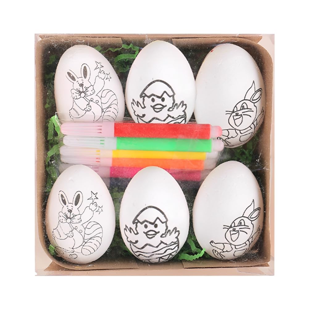 Easter Egg Decorating Kit, 6Pcs White Plastic Eggs with Dye Kit, Easter Tree Ornaments, Stickers for Kids, Hanging Plastic Eggs for Easter Decoration, Easter Egg Hunts, Style 2