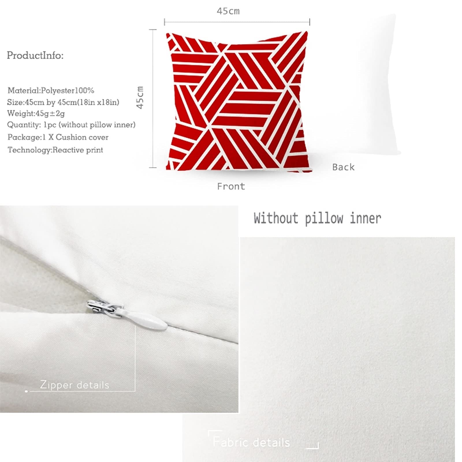 Federe per Cuscino, Fodere 45x45 Cuscini 6 Pezzi Federe Divani Rosso Bianco Striscia e Reticolo in Tinta Unita, Poliestere