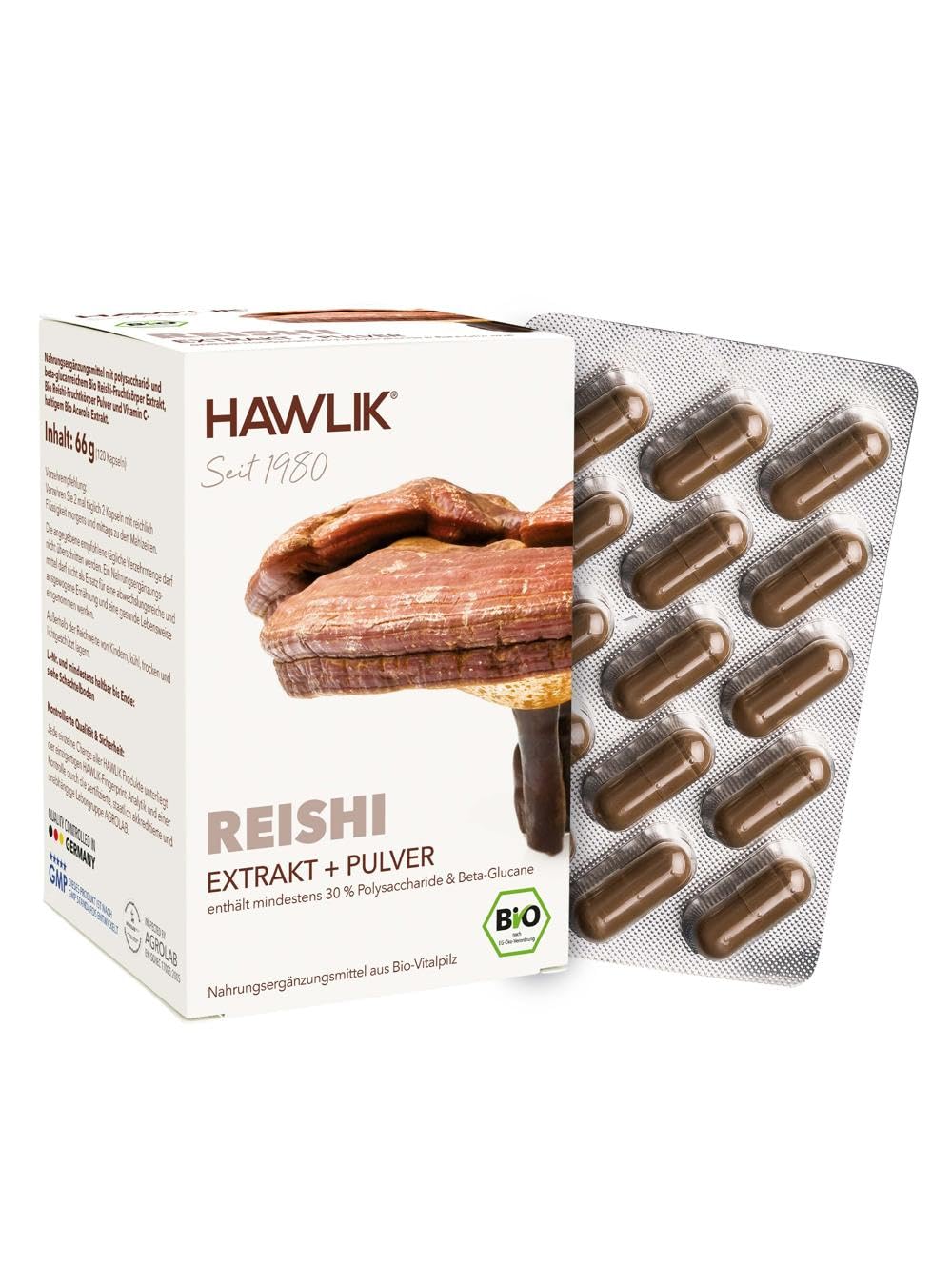 HAWLIK Bio Reishi Extrakt + Pulver Kapseln - 120 Kapseln im Blister - Mit Vitamin C - Kombination aus Extrakt & Pulver - Natürlicher Anbau - Vegan