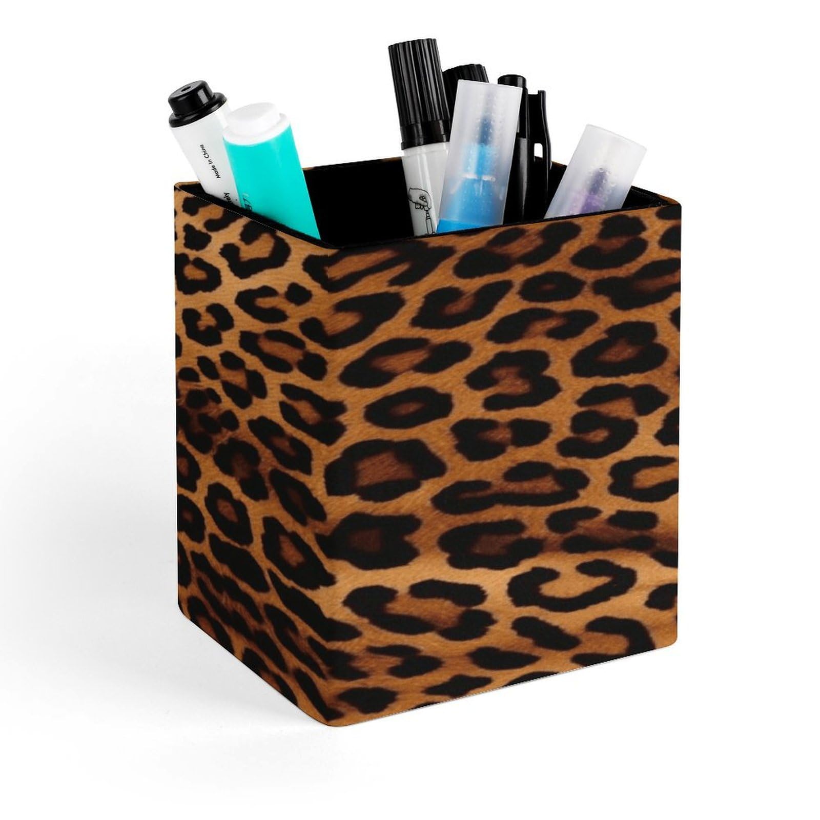 LZQPOEAS Cool Cheetah Leopard Square Pen Pencil Holder PU Leather Pencil Cup Desktop Stationery Organizer Office Accessories Container