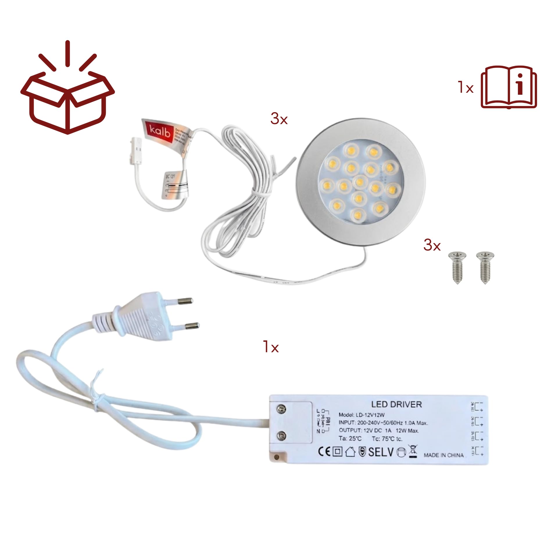 kalb | focos LED cocina bajo mueble Orbis set 3 12V 4000K gris plata con transformador focos empotrables mueble iluminación encimera 70 mm