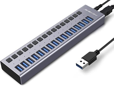 USB Hub Powered USB Hub 16 Port Upgrade USB Extension Compact Self Powered USB3.0 Hub 2022 Upgraded 5Gbps Fast Transfer USB 3.0 Hub with Independent Switch, 12V/7.5A AC Adapter 5V 2.4A Fast Charging Support 16 Port Extended, Grey
