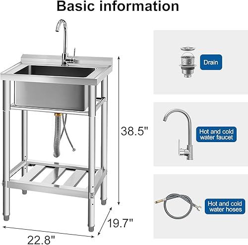 Miniatura 6 de YORKING Fregadero de acero inoxidable, fregadero de cocina de un solo tazón con tubo de agua fría y caliente para lavandería, granja, interior y