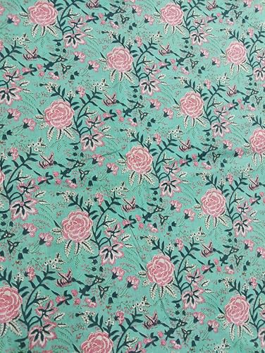 Image of Doraya Pure Cotton Dress Making Fabric Sanganeri Print Jaipuri Hand Block Printed Unstitched Dress Material for Women Blouse /Plazzo,Kurti /Lehenga Piece Womens 43 inch Inches Width (Sea Green 1, 3 Meter)