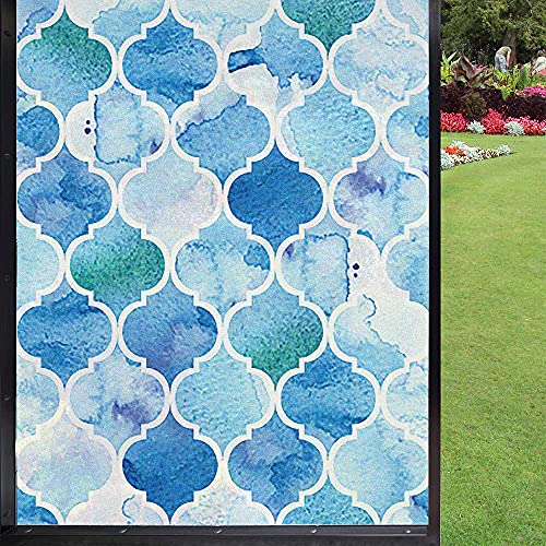Watercolor Frosted Window Film Home Decor,Abstract Moroccan Trellis Geometric Pattern Curves Persian Mosaic Design Modern Artwork For Home Uv Blocking Privacy,Turquoise Blue 24" X 36" #TOP17