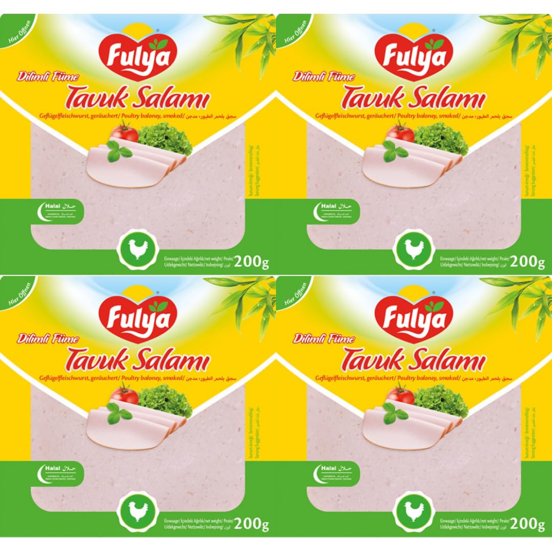 Fulya Geflügelwurst salami in Scheiben geschnittene Hühnersalami 200 Gramm x 4 STÜCK