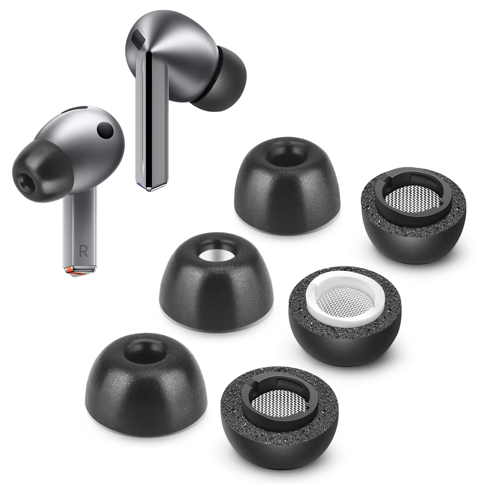 Memory Foam Tips for Samsung Galaxy Buds 3 Pro, No Silicone Eartips Pain, Anti-Slip Replacement Ear Tips with Dust Mesh, Fit in The Charging Case, Reducing Noise Earbuds, 3 Pairs (Mixed S/M/L, Black)