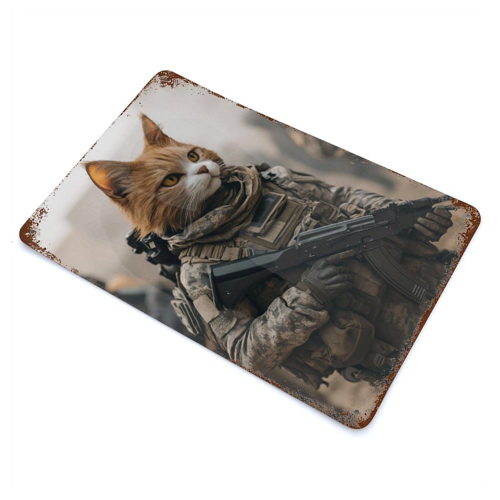 Cat Soldier Vintage Wall Sign 11.8"x7.9", Rust Effect Metal Decor for Bistro, Counter And Cafe Decor