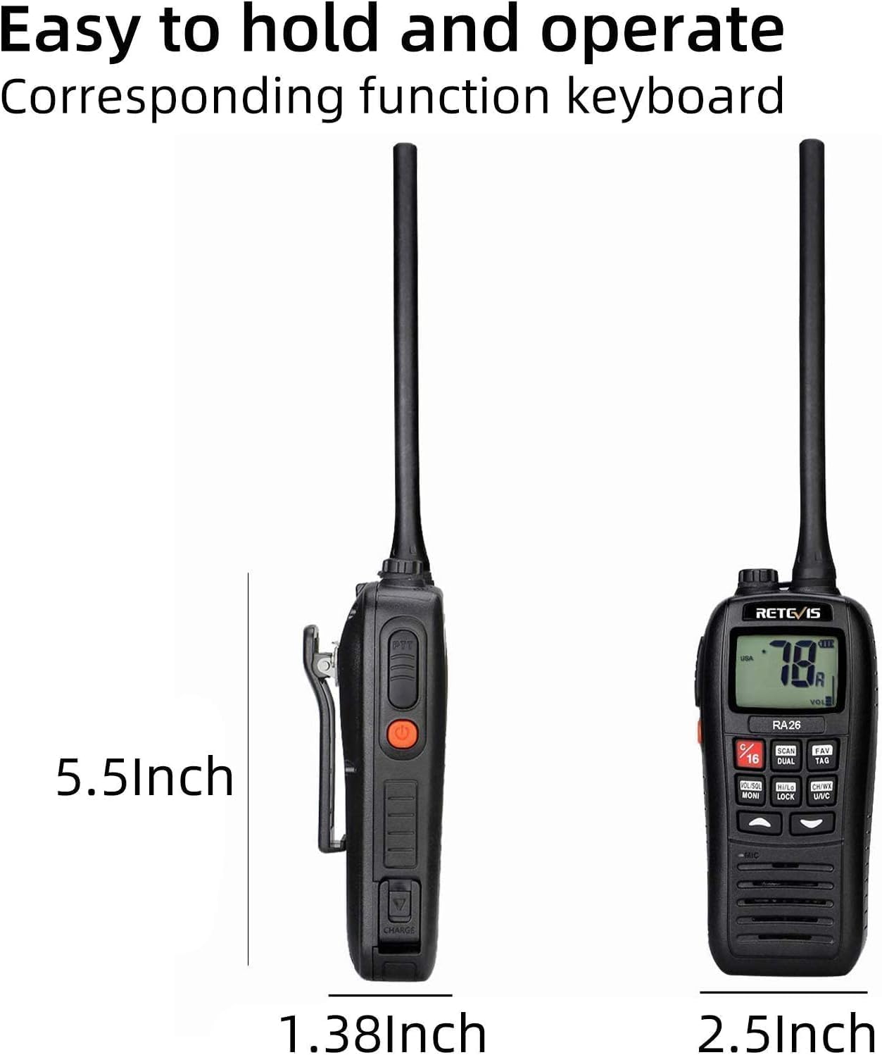 Retevis RA26 Marine Radio, Handheld Floating IP67 Waterproof,1500mAh, USB Charging, NOAA, International Channels, Backlit LCD Display, Portable Two-Way Boat Radio for Kayaking Fishing(2 Pack)