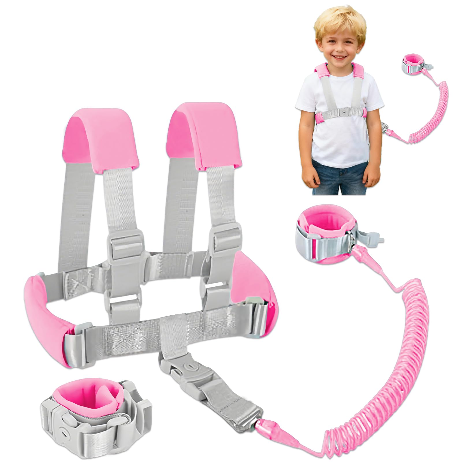 Imbracatura di Sicurezza Bambini 2 in 1 Bracciale Anti-perso Guinzaglio Rosa 2,5m