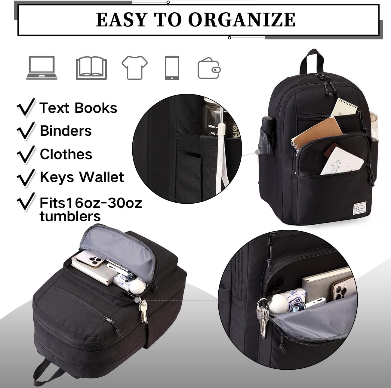 VASCHY School Backpack for Men, Unisex Large Bookbag Schoolbag Casual Daypack for High School/College/Teens/Travel/Work Black - Image 6