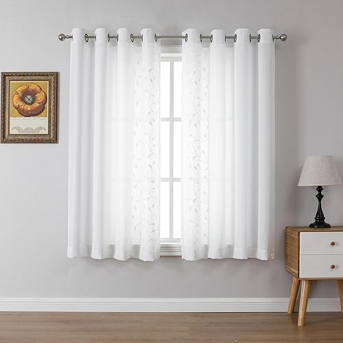 Miniatura 9 de Miuco - Cortinas con ojales de lino sintético, semitransparentes, bordadas con flores, para sala de estar