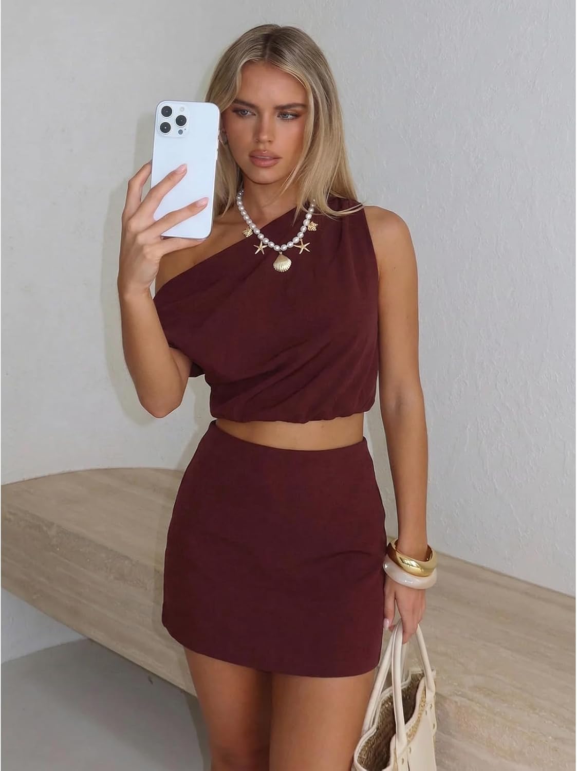 UNCOOYEE Two Piece Sets For Women Summer Outfits One Shoulder Tank Tops And Skirts Lounge Matching Sets Beach Vacation Travel