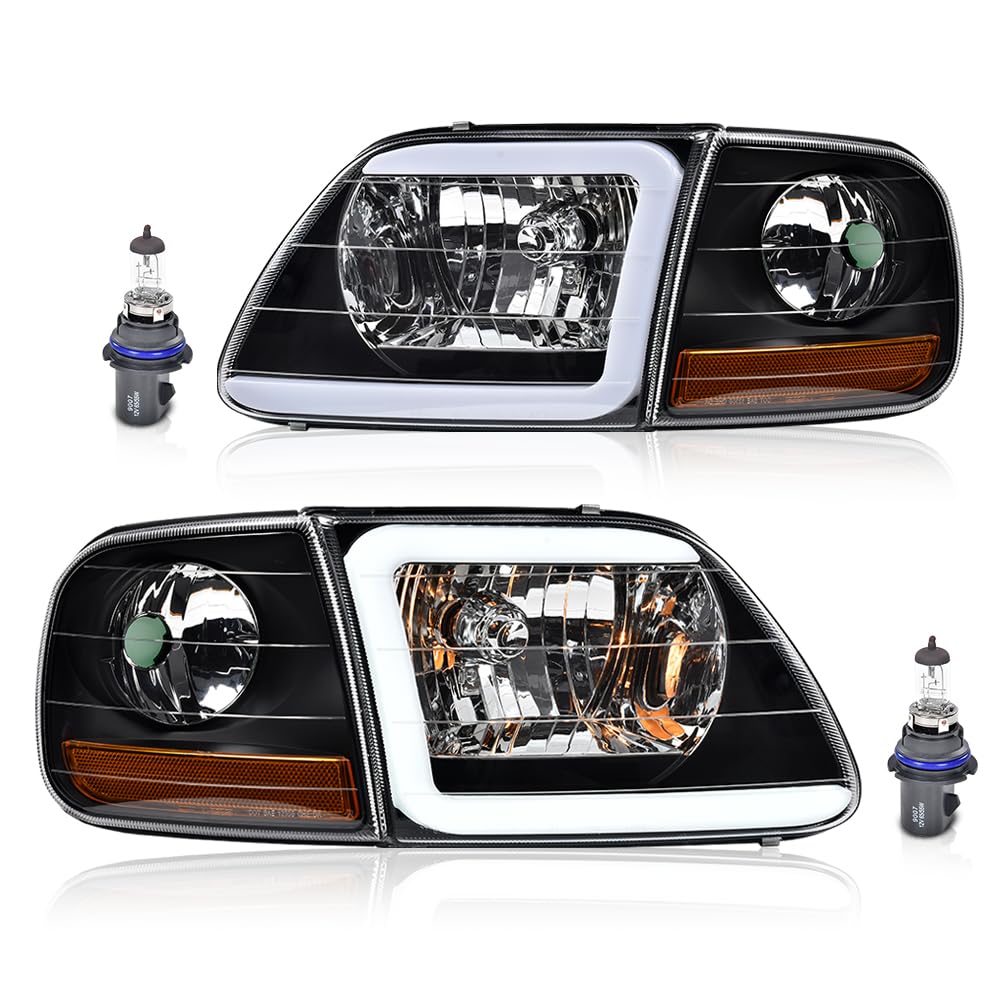 G-PLUS LED Headlights Fit Ford Expedition 1997-2002/Fit Ford F150 1998-2003 DRL Bumper Headlamps w/Corner Parking Lights Strip Clear Lens Black