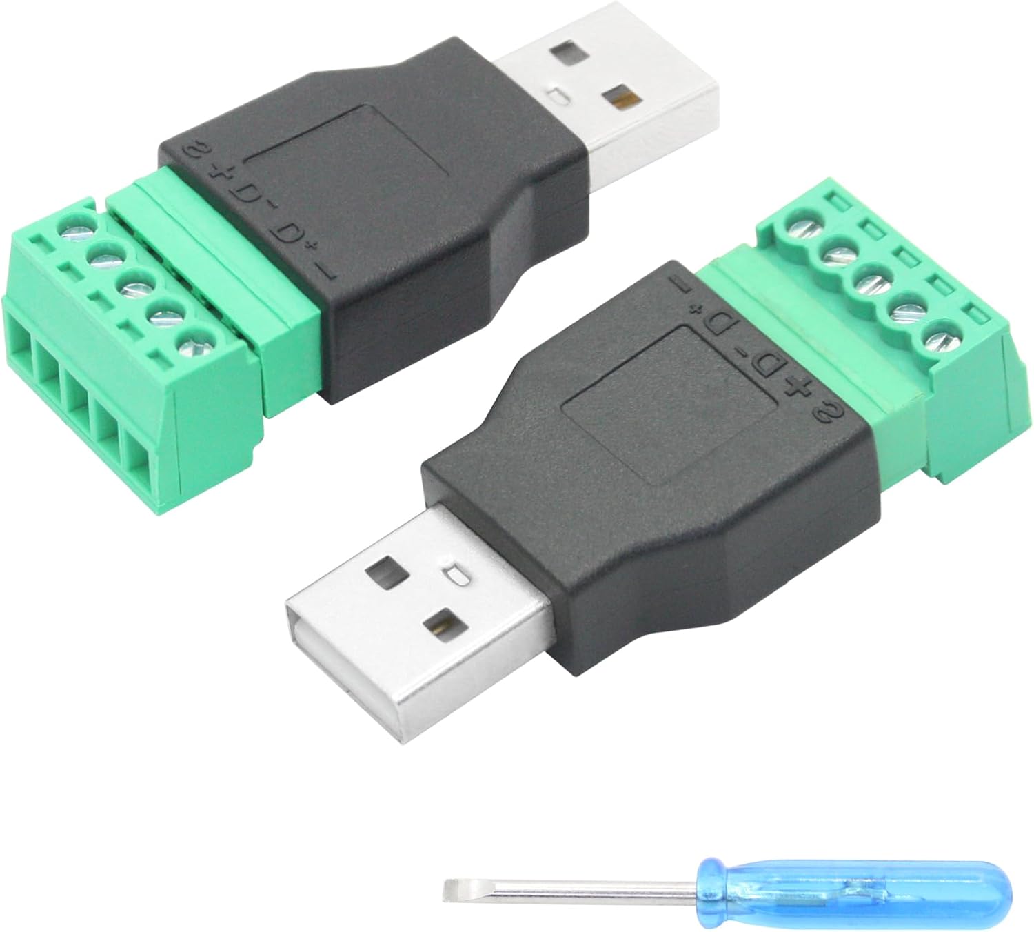 2Pcs USB 2.0 A Male to 5 Pin Screw Terminal Adapter, USB A Quick Connect Solderless Connector Converter, for USB Device Charging and Data Transfer