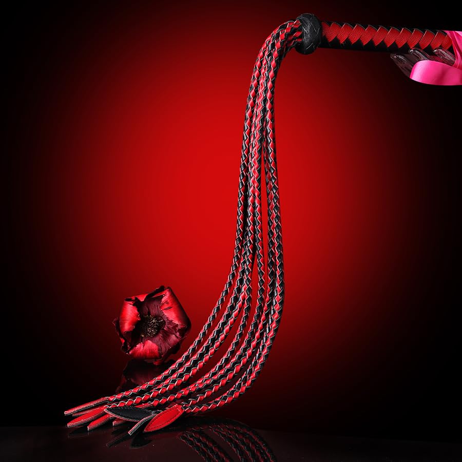 Handwoven Genuine Leather Cat-O'-Nine-Tails Whip | 60cm Total Length with Willow-Leaf Tail | 15cm Hangable Premium Equestrian Whip | Dual Use for Training & Collectors (Red Black)