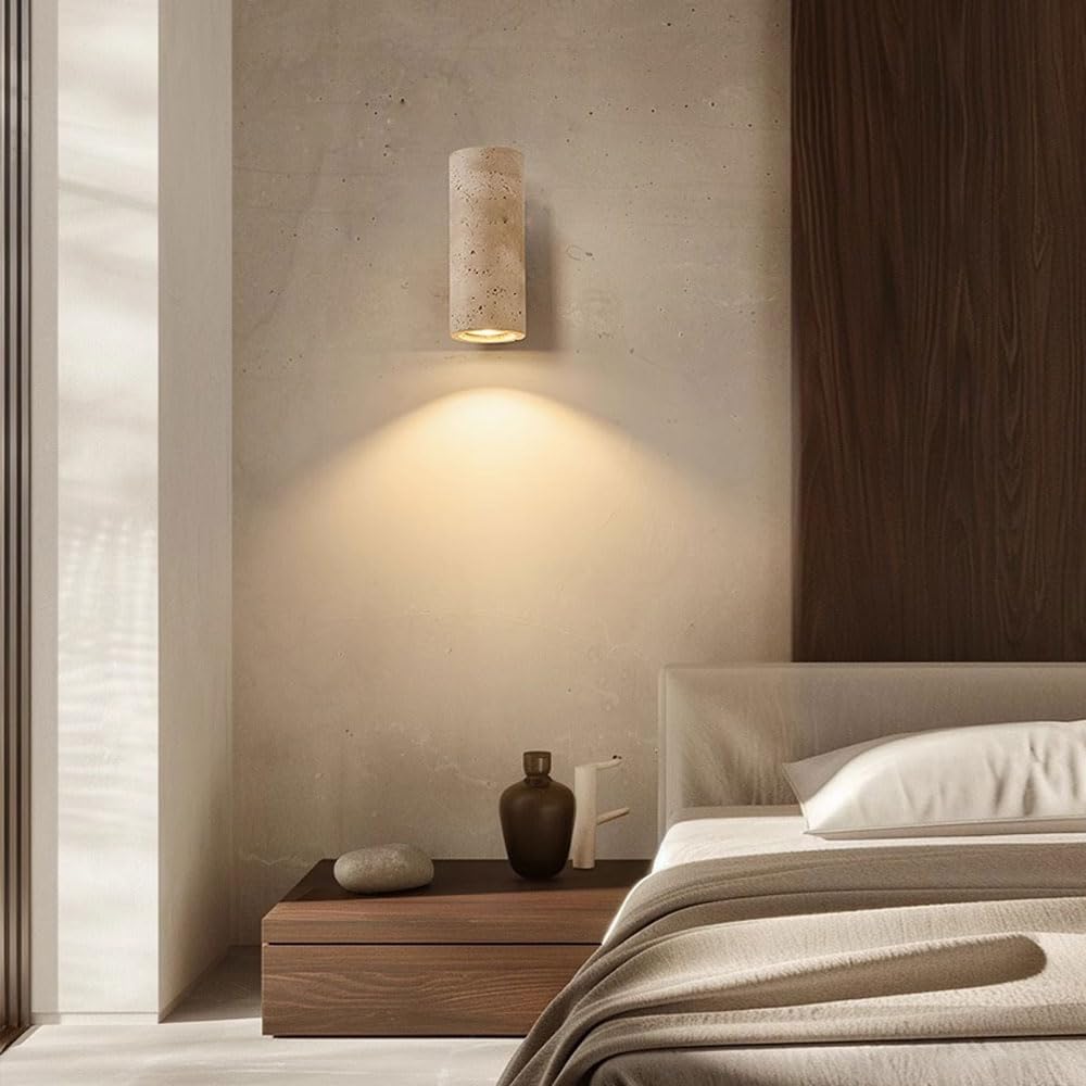 Corps de Lampe en travertin Jaune avec Base Bois, Applique Murale Style campagnard Nordique, à Connexion Fil Dur, luminaires décoratifs for Chambre Coucher, escalier, Salle Manger