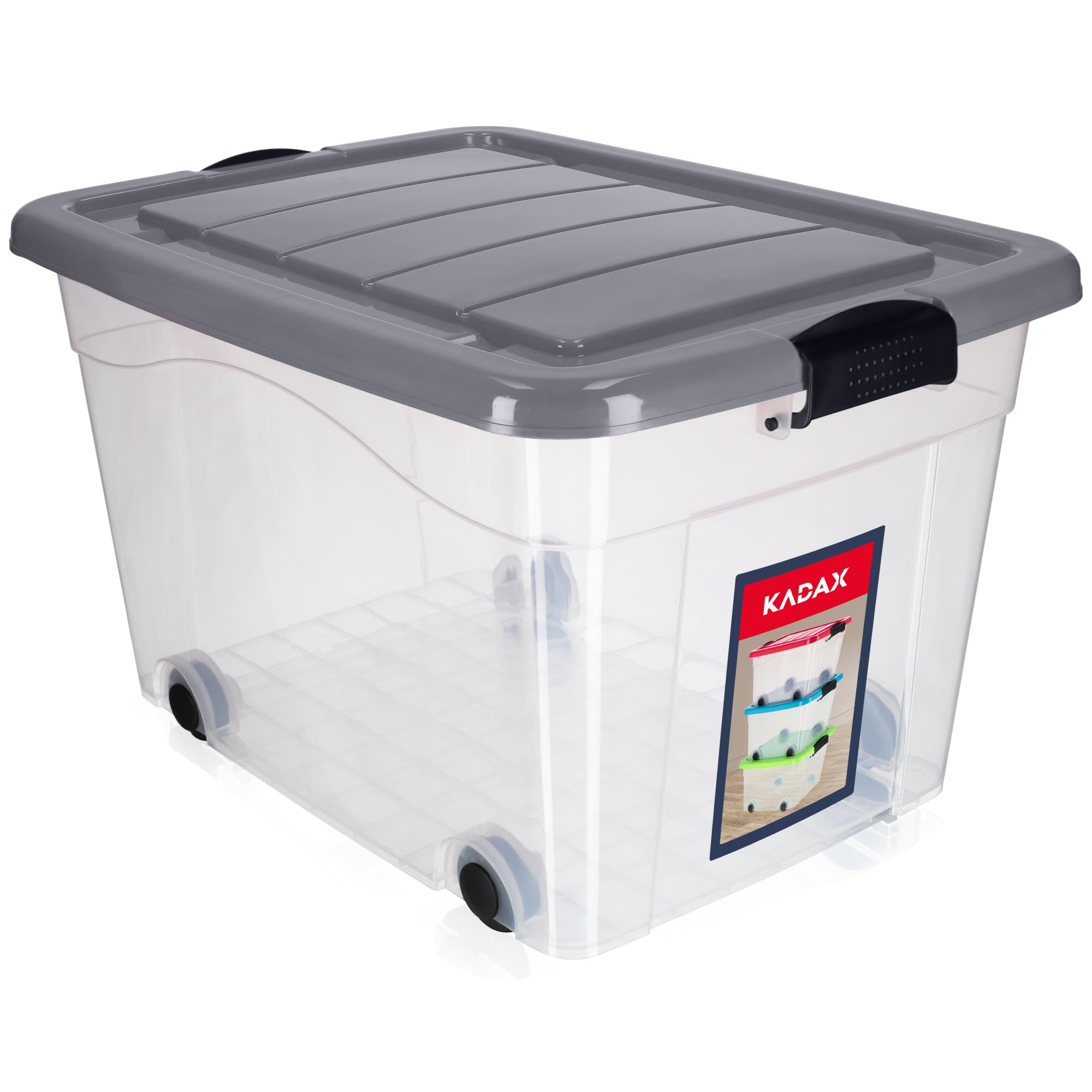 KADAX Contenedor de plástico con ruedas, 60 L, color gris, caja de almacenamiento de plástico, organizador con tapa, caja de clip para juguetes, contenedor de almacenamiento con cierre de clic