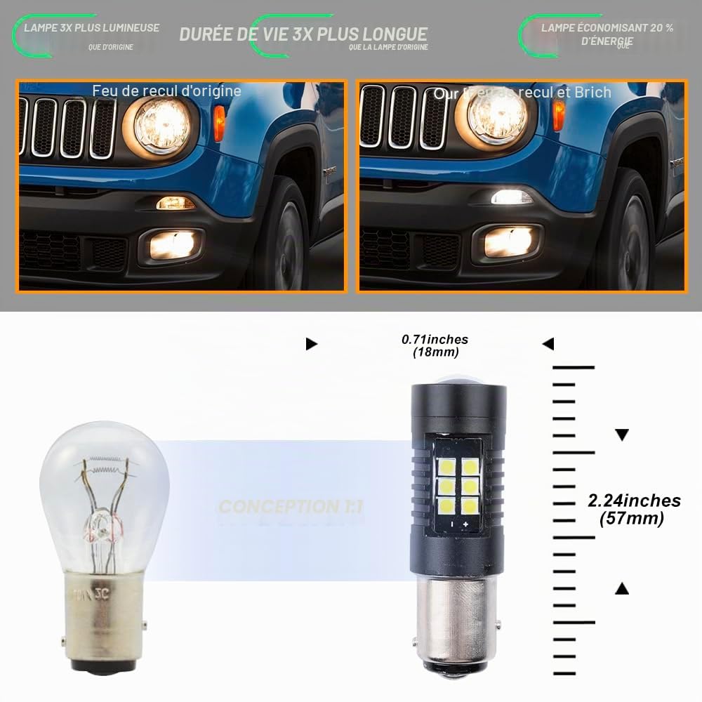LED Drl Feux de jour Ampoules pour Jee.p Renegade (BU,Bi) 2014- Paire de 21 LED P21W BAY15D Lumière du jour, Drl Lumières allumées toute la journée P21/5W feuxLed Lumière de stationnement