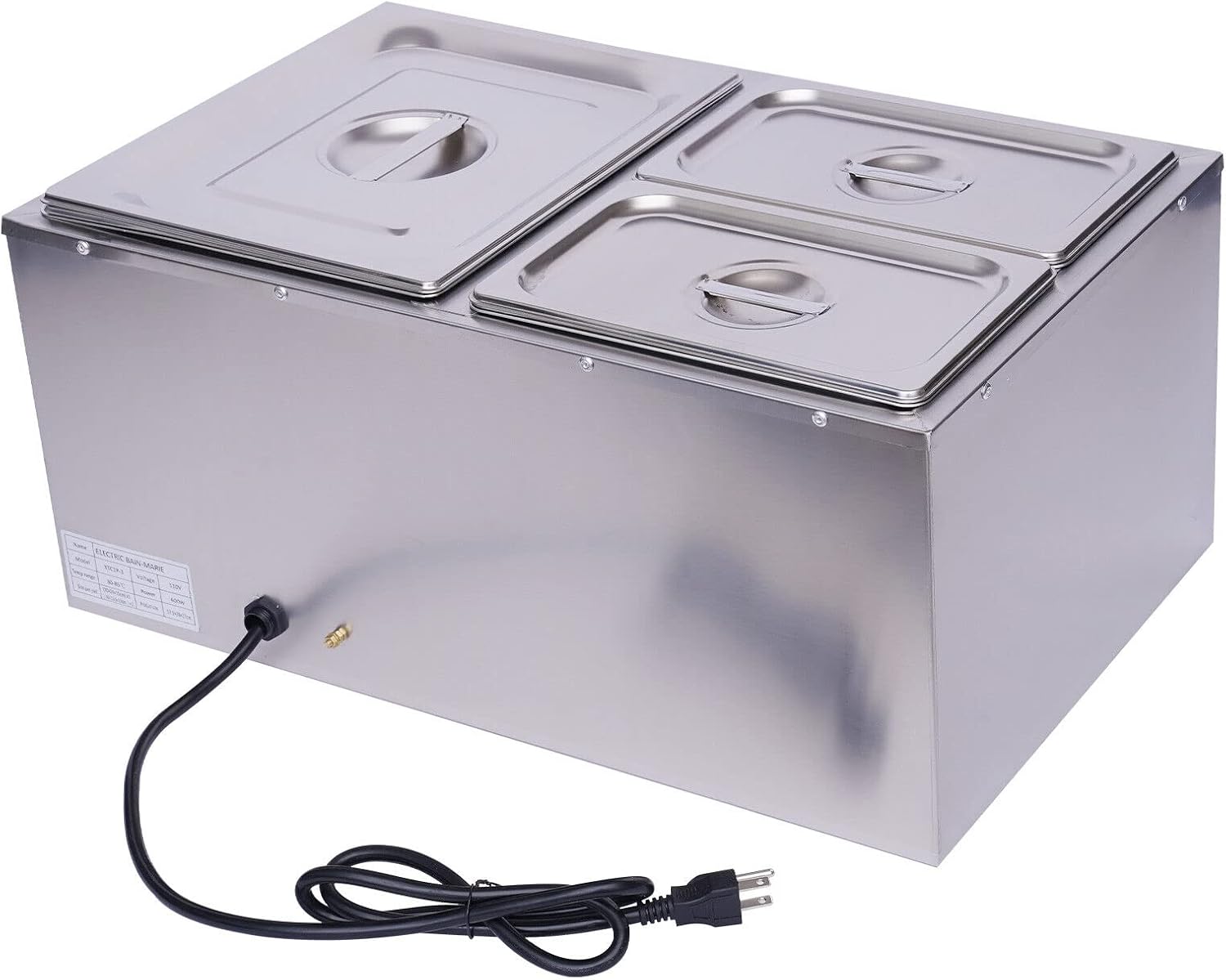 3-Pan Commercial Steam Table, Electric Bain Marie Food Warmer 600W Stainless Steel Countertop Buffet Food Warmer Container 21.6Qt with Lid and Tap for Catering, Restaurant, Buffets