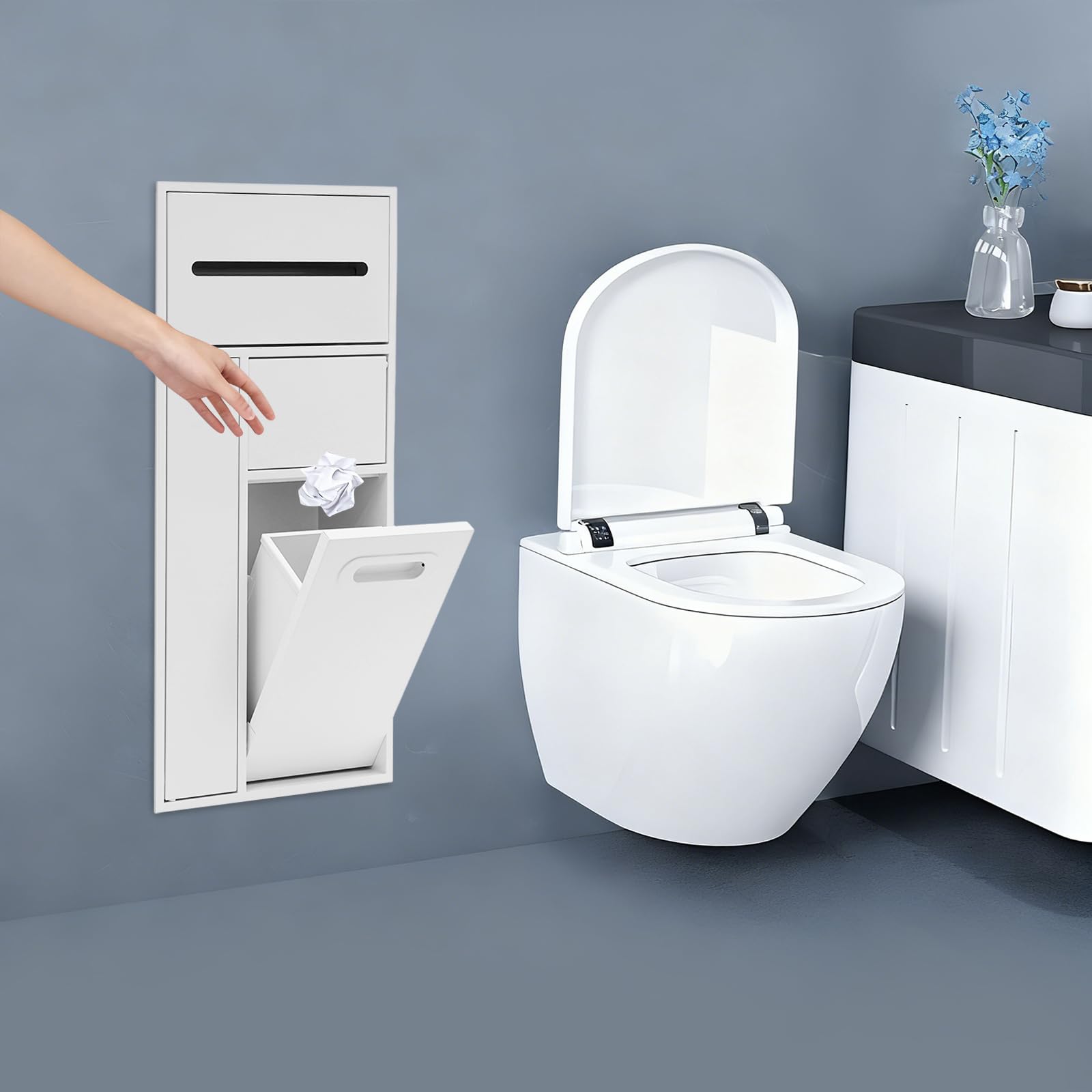 Badezimmer aus Edelstahl mit Eingebauter Dusche Badezimmer Einbau Organizer, MüLleimer mit Toilettenpapierhalter und BüRstenspeicher, Platzsparend, Rostfrei, für Zuhause und BüRo (Weiß)