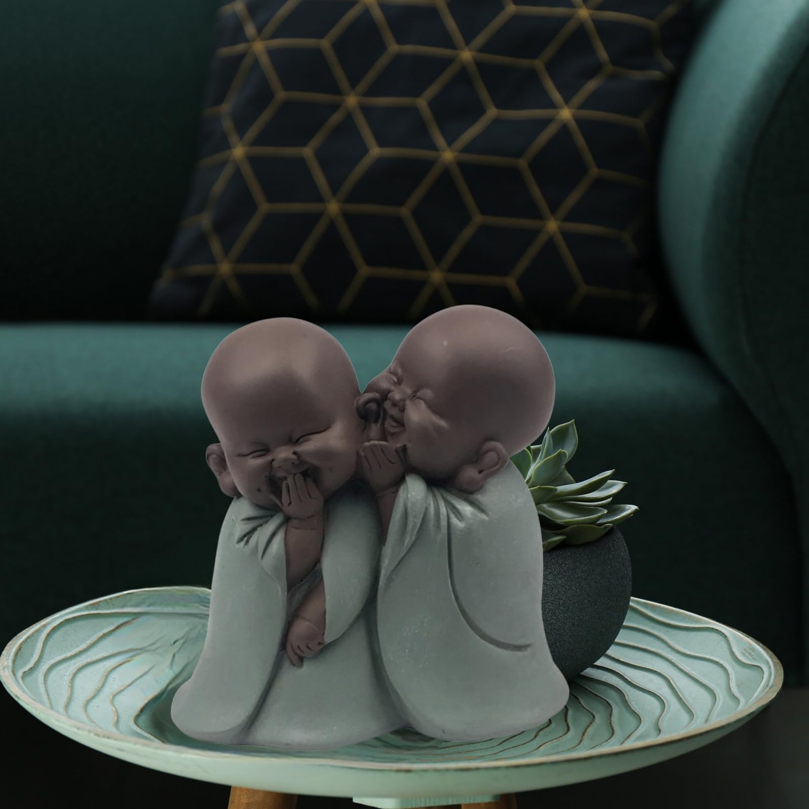 Statuetka Bonze - Uchwyt szczęścia - Dekoracja Zen i Feng Shui - aby stworzyć relaksującą i duchową atmosferę - Pomysł na prezent - wysokość: 12 cm - zielony i brązowy - Zen'Light