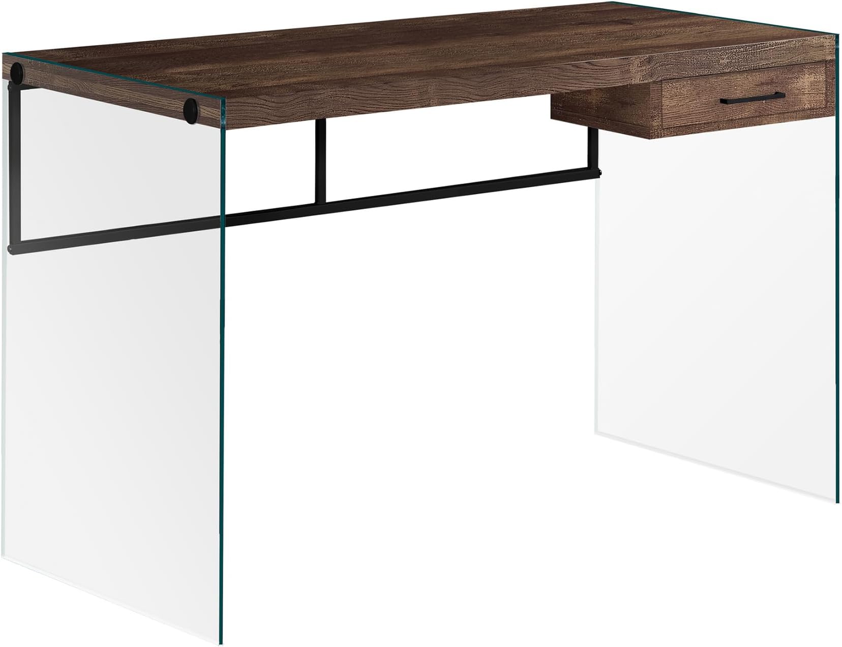 Computer Desk - Contemporary Writing Desk with Drawer - Tempered Glass Legs - 48"L (Brown Reclaimed Wood Look)