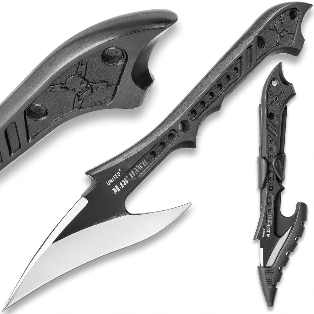 M48 Hawk Harpoon with Molded Locking and Sheath | Stainless Steel Blade | Wicked Curve for Multiple Purposes | Lashing Holes for Attachment | Great for Hunting and Fishing | Rubberized Molded Sheath