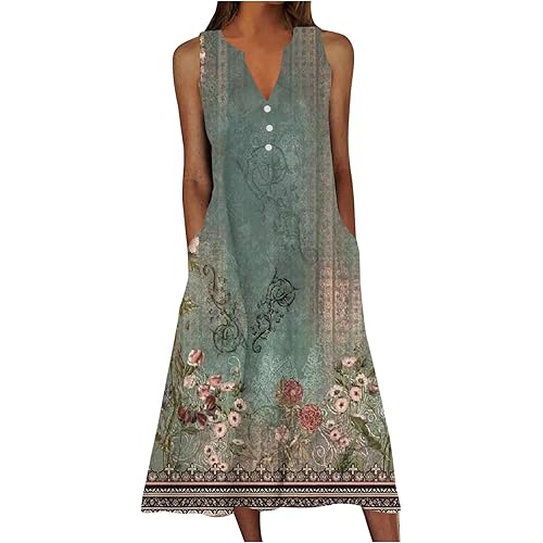 Women's Plus Size Summer Floral Print Casual Dress Vintage Sleeveless Neck V-Neck Long Tank Dress with Pockets