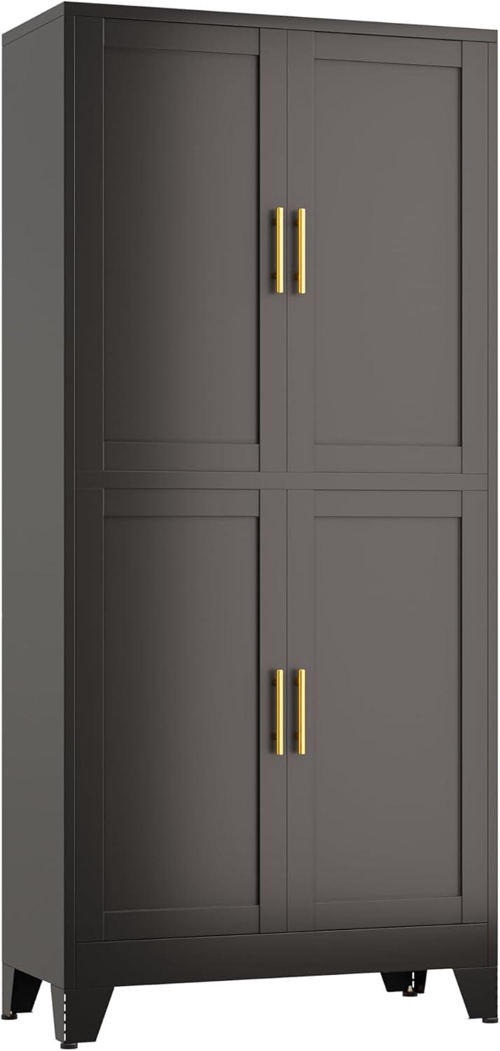 47" Kitchen Pantry Cabinet, Metal Storage Cabinet with 3 Adjustable Layer Shelves, 8 Door Shelves, Buffet Sideboard for Living Room, Kitchen, White