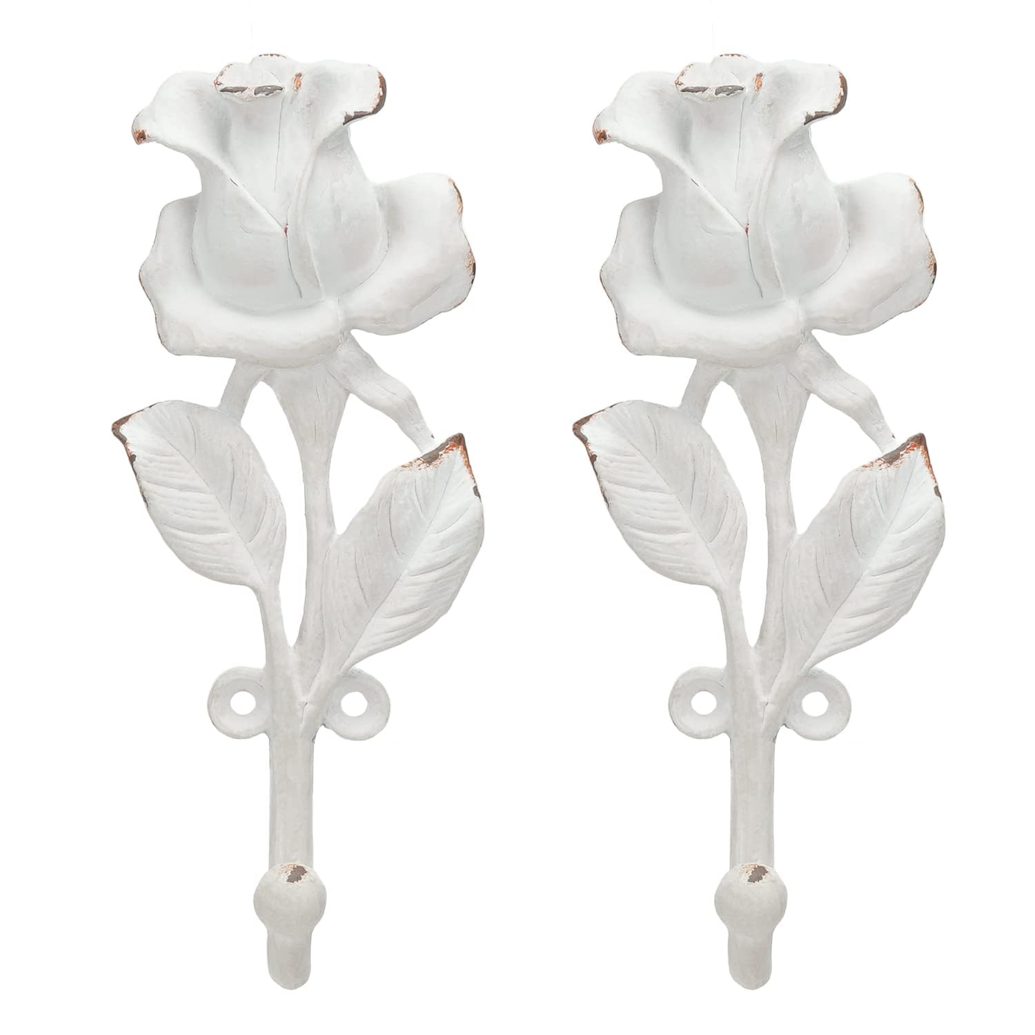 SOFFEE DESIGN 2pcs White Single Hooks 3D Rose Flower Retro Ornate Style for Room Wall Decoration, Coat Hat Scarf Hanging Hanger Entry Heavy Hooks Home