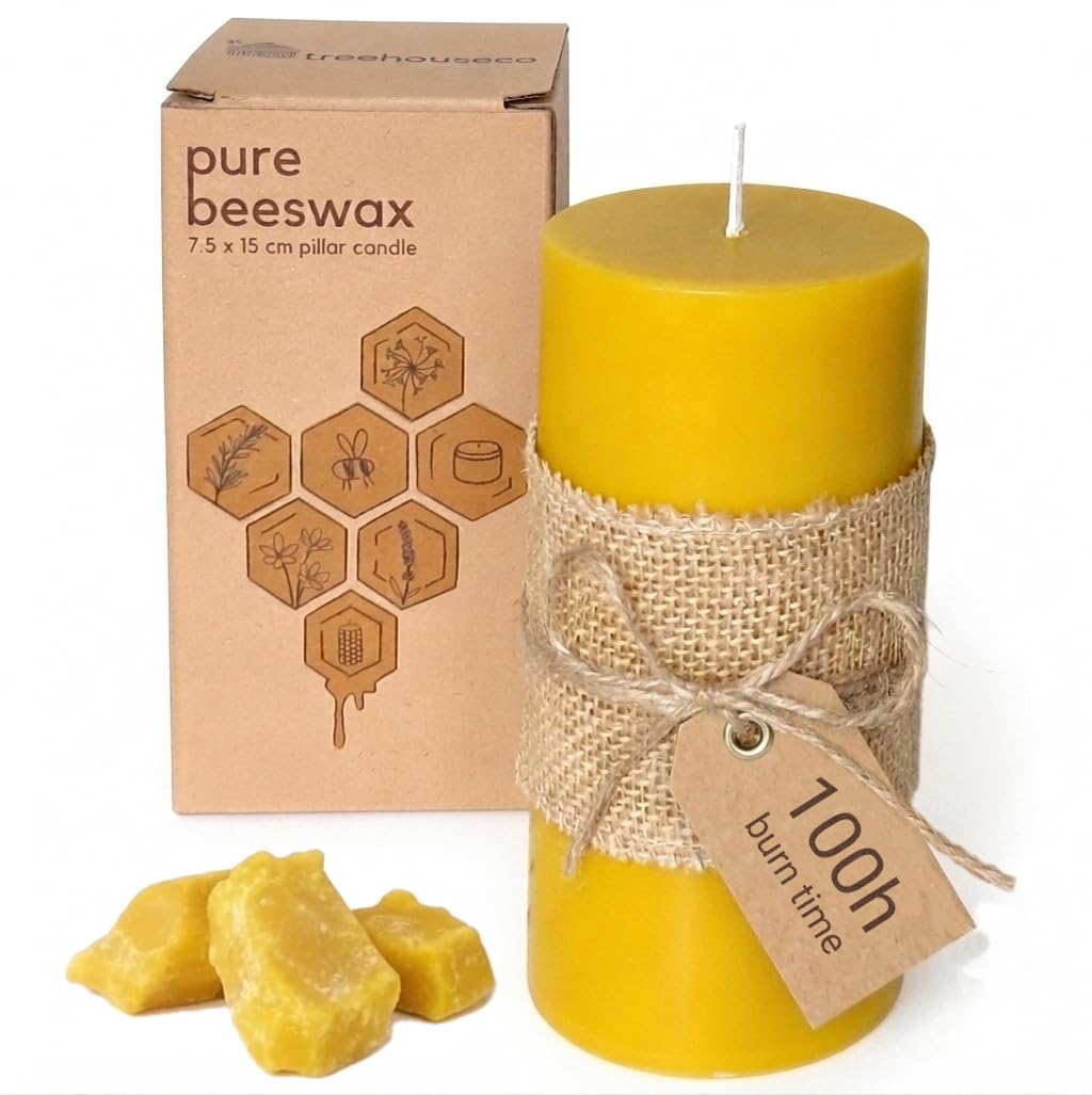 Treehouseco Natural Beeswax Candles Long Burning Pillar Candles β Large: 3β³ Γ 6β³ Approx. 100h Long Burn Time: Non-Toxic & Eco-Friendly - Made of 100% Pure Bees Wax & Paraffin Free