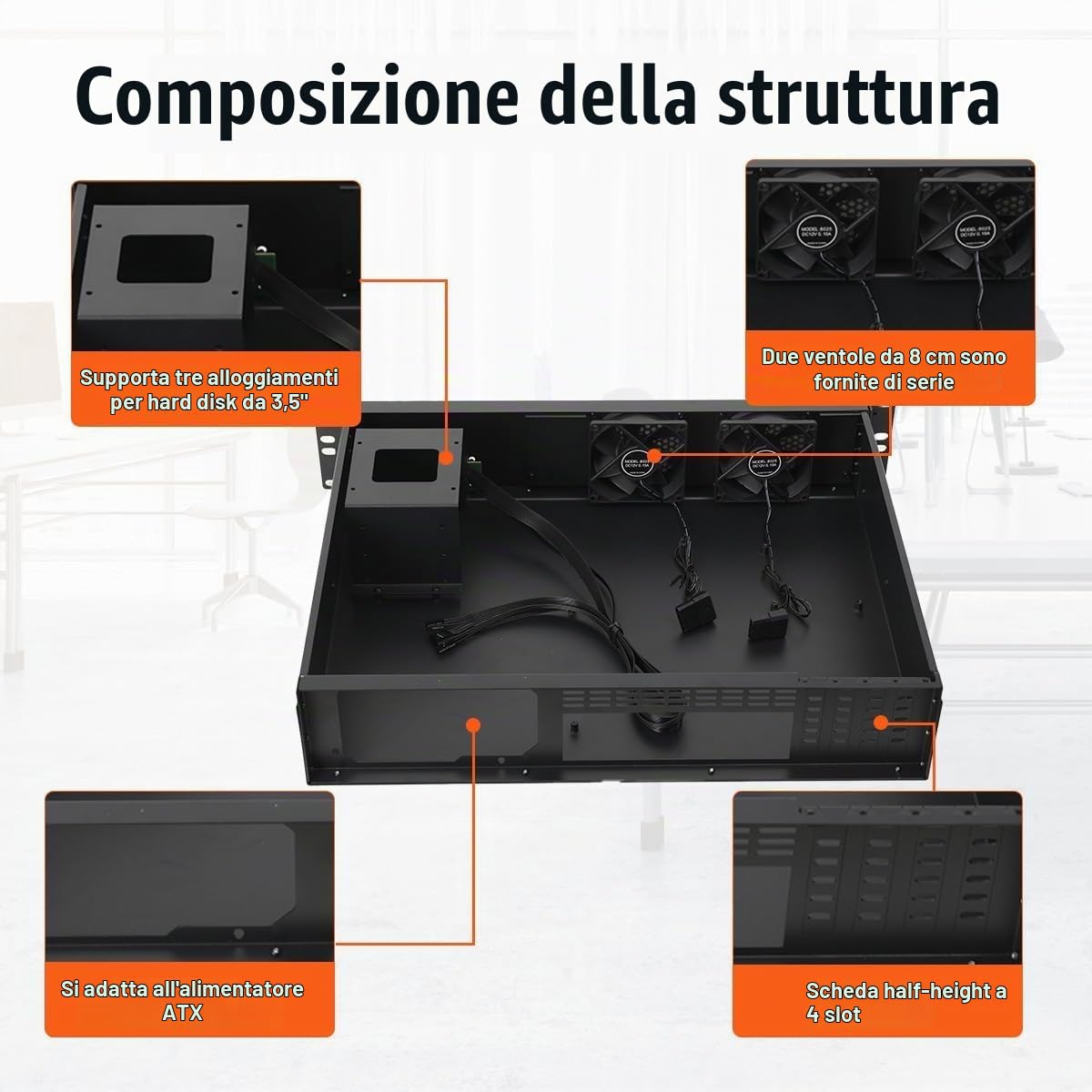 Scatola Rack 2U 14″ Custodia per Server, Chassis Rackmount Rack Case per 3 x 3,5" HDD, 1 SSD da 2,5", Supporta Schede Madri Mini ITX e Micro ATX, Nero
