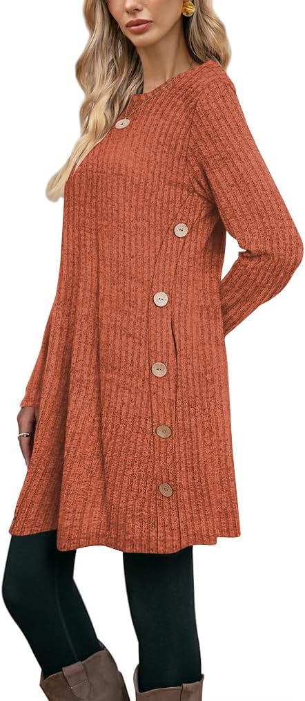 Poetsky Women Long Sleeve Tunic Tops to Wear with Leggings Side Buttons Long Shirts Rib Sweater Dress with Pockets S-3XL - Image 3