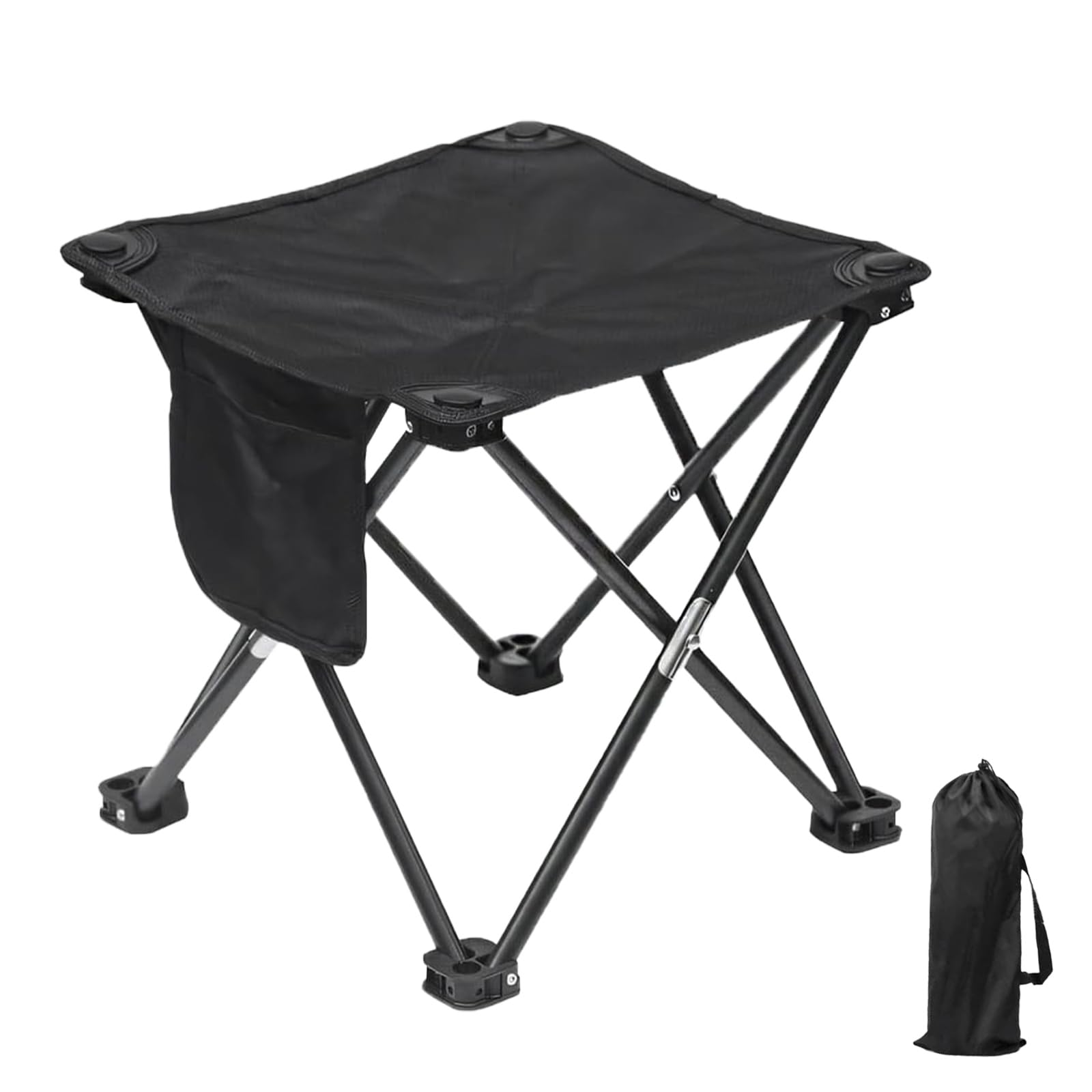 Camping Stool with Side Pockets 33CM, Portable Folding Stool with Storage Bag, Footrest for Outdoor, Lightweight Folding Seat for Garden, Fishing, BBQ, Beach (Black)