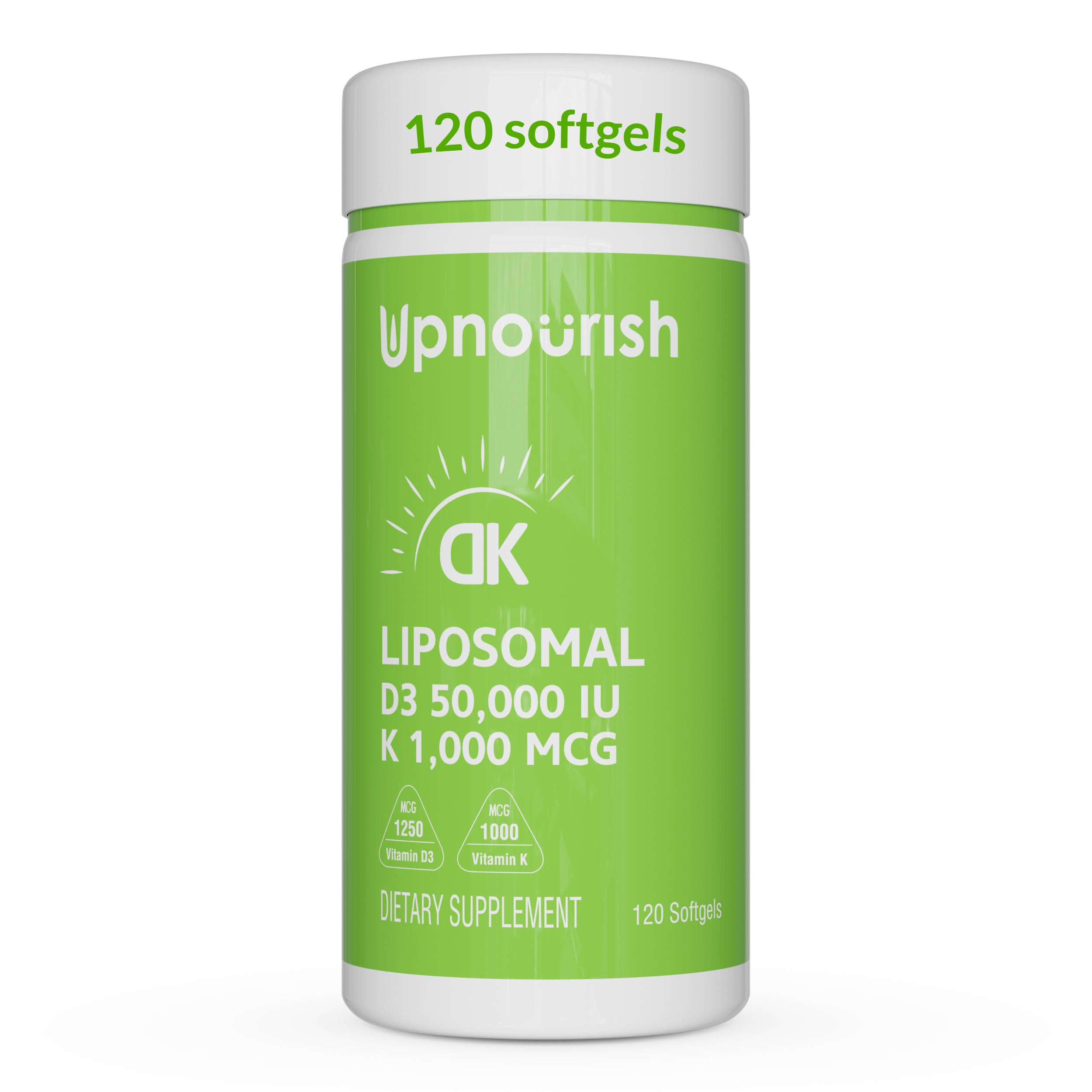UpNourish Liposomal Vitamin D3 50000 IU (Vitamina D3 de 50000) with 1000 mcg Vitamin K, High Dose Vitamin D3 K2, Vitamin D 50000 IU with K1, K2 MK-4 and MK-7, 120 Mini Softgels